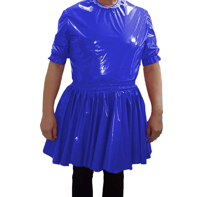 PVC Leather O-neck Short Dress Mens Nightclub Cosplay Maid Waiter Dress Sissy Sexy  A-line Mini Dress 7XL