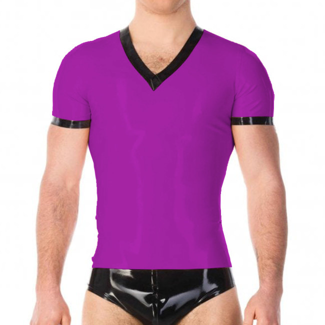 Summer Men's PVC Leather T-shirt Wetlook Short Sleeve Stretch Undershirt Nightclub V-neck Male Tops Clubwear Male Tight T-Shirt