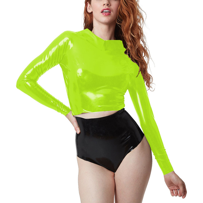 Fashion Long Sleeve Croped Tops Sexy Retro Shiny PVC Leather Doll Collar T-shirts High Street Zipper Back Wetlook Tops Punk Tee