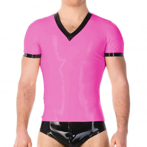 Summer Men's PVC Leather T-shirt Wetlook Short Sleeve Stretch Undershirt Nightclub V-neck Male Tops Clubwear Male Tight T-Shirt