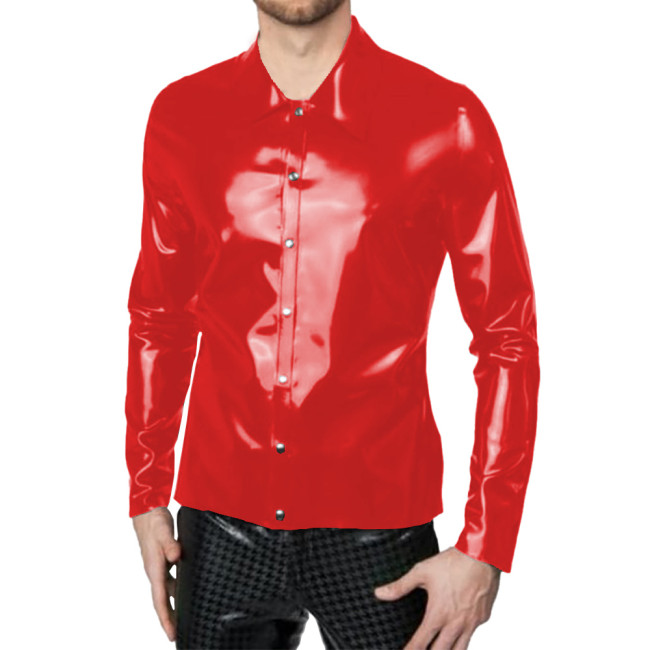 Mens Sexy Shiny Leather Shirt Glossy PVC Long Sleeve Male Blouse Wetlook Button-up Tops Nightclub Party Stage Performance Wear