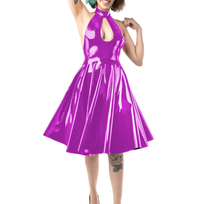 Sexy Backless Sleeveless Wetlook Dress Womens Halter Hollow Key Hole Vinyl PVC Leather A Line Skirt Lady Fomral Ball Party Gown