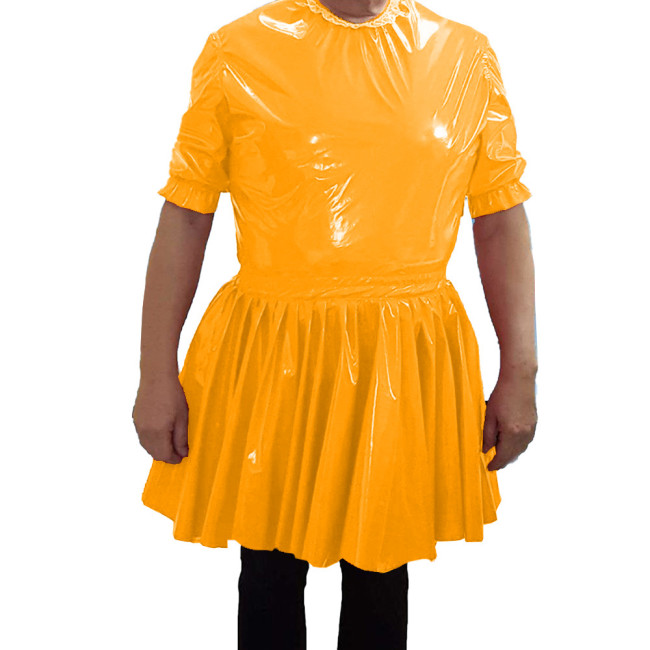 PVC Leather O-neck Short Dress Mens Nightclub Cosplay Maid Waiter Dress Sissy Sexy  A-line Mini Dress 7XL