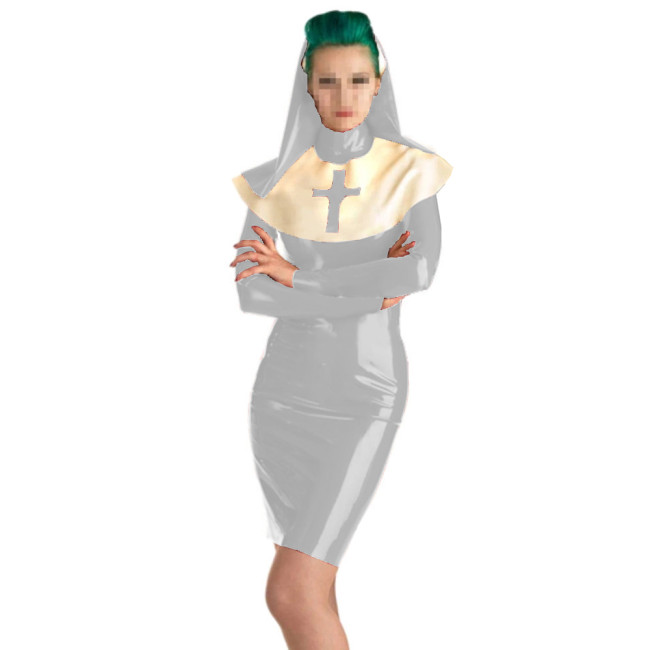 Sexy Latex Nun Outfit  with Headgear Long Sleeve Sister Uniform Halloween Cosplay Costumes Fancy Clothing 7XL Nun Dress