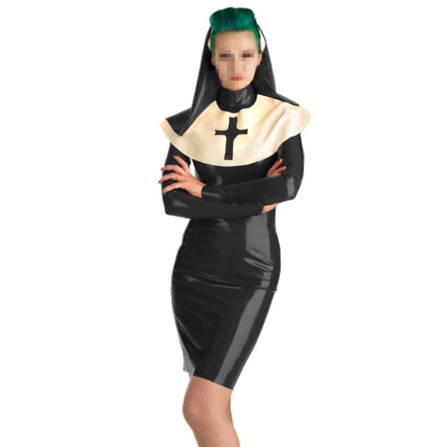Sexy Latex Nun Outfit  with Headgear Long Sleeve Sister Uniform Halloween Cosplay Costumes Fancy Clothing 7XL Nun Dress