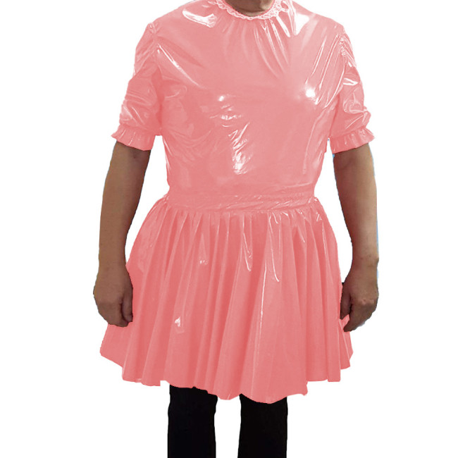 PVC Leather O-neck Short Dress Mens Nightclub Cosplay Maid Waiter Dress Sissy Sexy  A-line Mini Dress 7XL