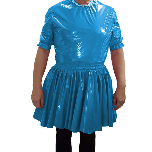 PVC Leather O-neck Short Dress Mens Nightclub Cosplay Maid Waiter Dress Sissy Sexy  A-line Mini Dress 7XL