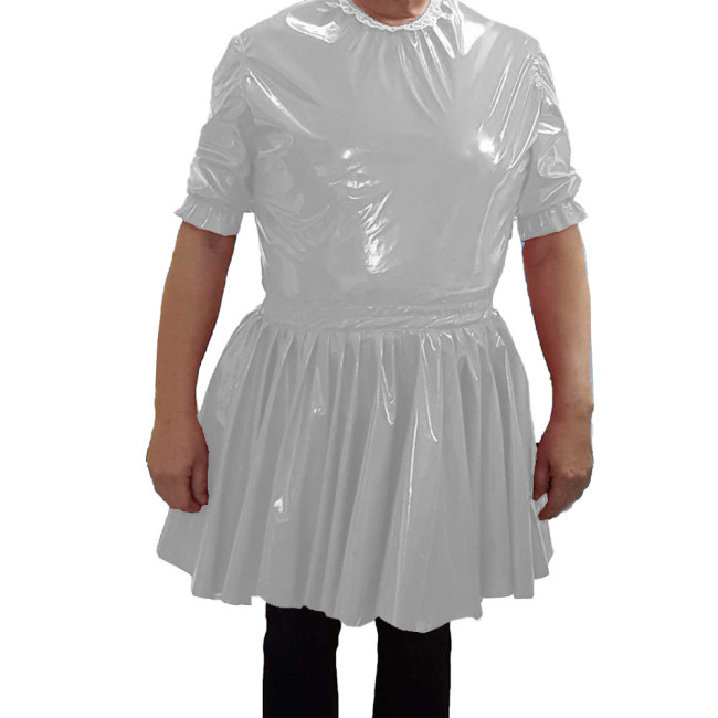 PVC Leather O-neck Short Dress Mens Nightclub Cosplay Maid Waiter Dress Sissy Sexy  A-line Mini Dress 7XL