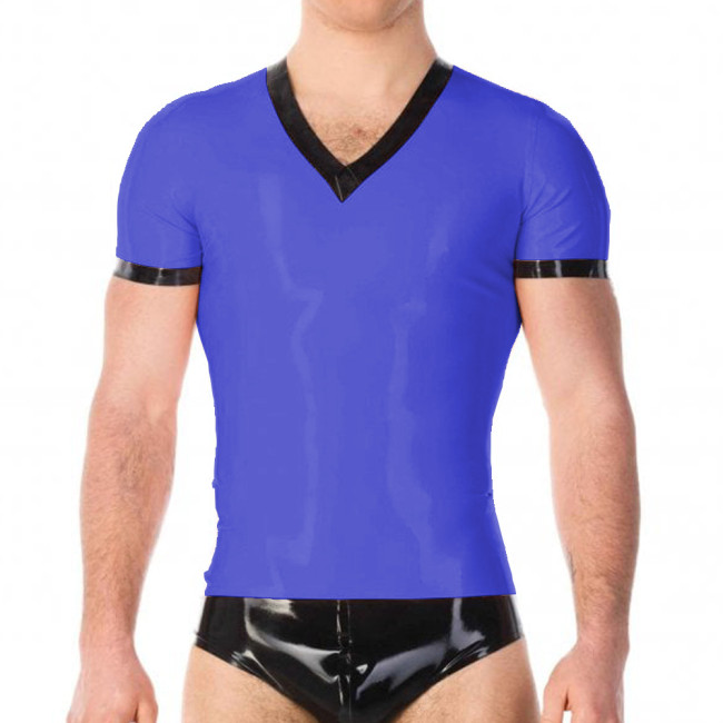 Summer Men's PVC Leather T-shirt Wetlook Short Sleeve Stretch Undershirt Nightclub V-neck Male Tops Clubwear Male Tight T-Shirt