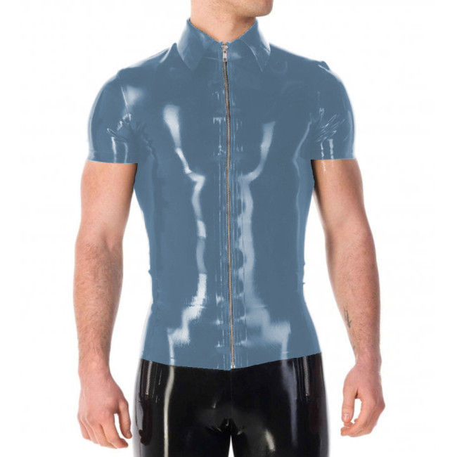 Vinyl PVC Leather Mens Jackets Punk Fashion Solid Color Tshirt Sexy Turn-down Collar Short Sleeves Front Zip Up T-shirt Tops 7XL
