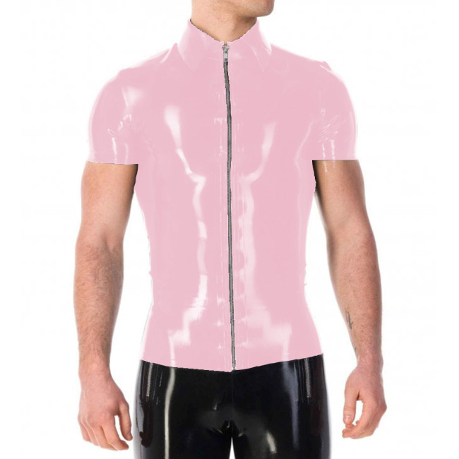 Vinyl PVC Leather Mens Jackets Punk Fashion Solid Color Tshirt Sexy Turn-down Collar Short Sleeves Front Zip Up T-shirt Tops 7XL