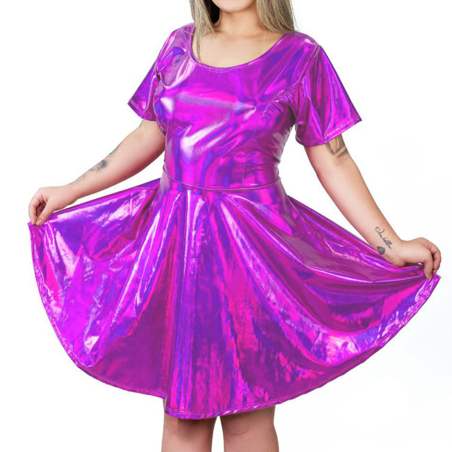 Fashion Holographic Laser Short Pleated Dress Sexy Bow Hollow Out Back A-line Dress Womens High Waist Shiny Metallic Mini Dress