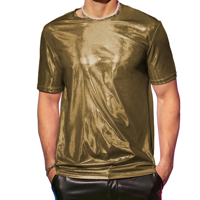 Men Fashion Holographic Laser T-Shirt Punk Clubwear Male Shiny Metallic Short Sleeve Loose Top High Street Party Tee Shirts 7XL