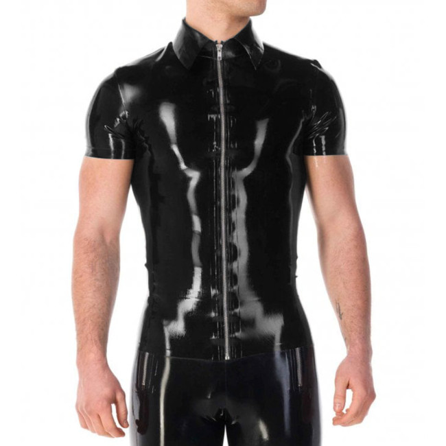 Vinyl PVC Leather Mens Jackets Punk Fashion Solid Color Tshirt Sexy Turn-down Collar Short Sleeves Front Zip Up T-shirt Tops 7XL