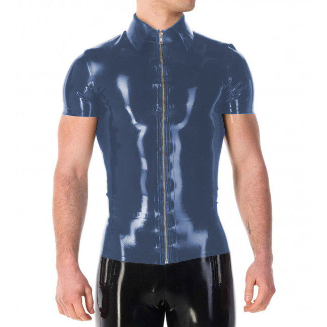 Vinyl PVC Leather Mens Jackets Punk Fashion Solid Color Tshirt Sexy Turn-down Collar Short Sleeves Front Zip Up T-shirt Tops 7XL
