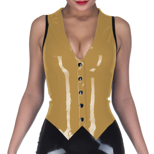 Gothic Women Waistcoat Sexy PVC Faux Leather Black Nightwear V- neck Patchwork Single Breasted Exotic Tanks Dancing Costumes 7XL