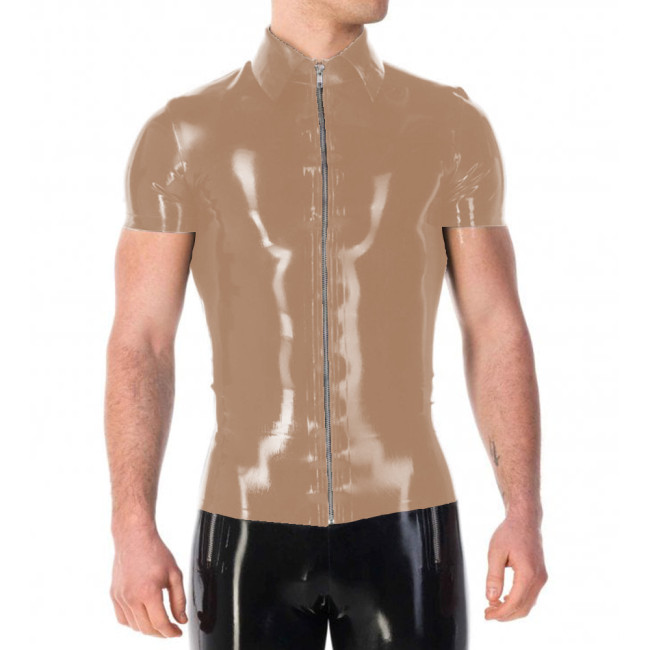 Vinyl PVC Leather Mens Jackets Punk Fashion Solid Color Tshirt Sexy Turn-down Collar Short Sleeves Front Zip Up T-shirt Tops 7XL