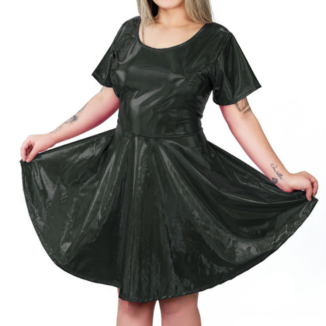 Fashion Holographic Laser Short Pleated Dress Sexy Bow Hollow Out Back A-line Dress Womens High Waist Shiny Metallic Mini Dress