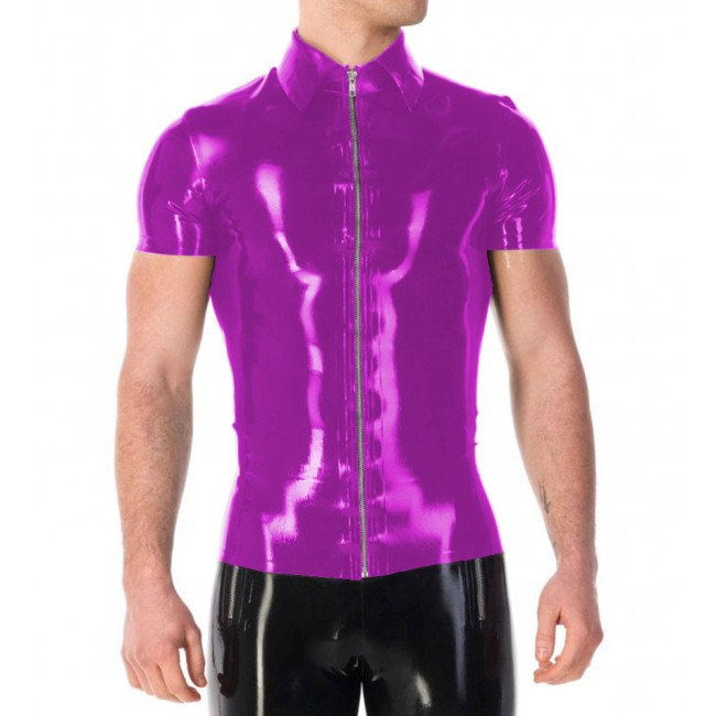 Vinyl PVC Leather Mens Jackets Punk Fashion Solid Color Tshirt Sexy Turn-down Collar Short Sleeves Front Zip Up T-shirt Tops 7XL
