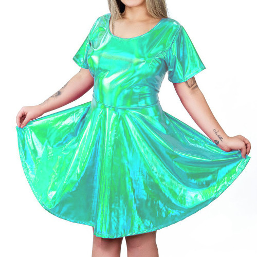 Fashion Holographic Laser Short Pleated Dress Sexy Bow Hollow Out Back A-line Dress Womens High Waist Shiny Metallic Mini Dress
