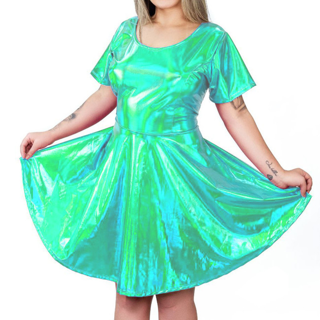 Fashion Holographic Laser Short Pleated Dress Sexy Bow Hollow Out Back A-line Dress Womens High Waist Shiny Metallic Mini Dress