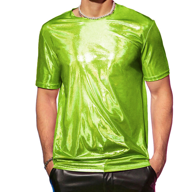 Men Fashion Holographic Laser T-Shirt Punk Clubwear Male Shiny Metallic Short Sleeve Loose Top High Street Party Tee Shirts 7XL