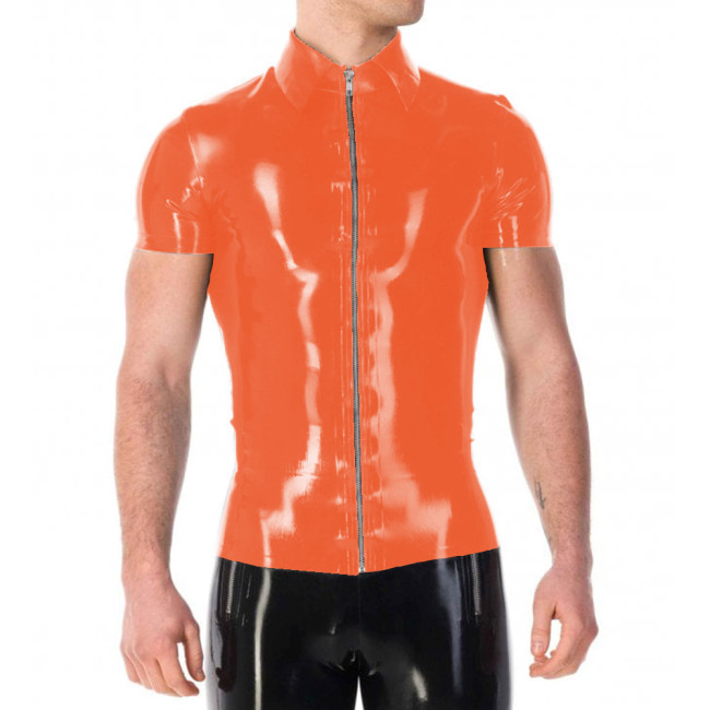 Vinyl PVC Leather Mens Jackets Punk Fashion Solid Color Tshirt Sexy Turn-down Collar Short Sleeves Front Zip Up T-shirt Tops 7XL