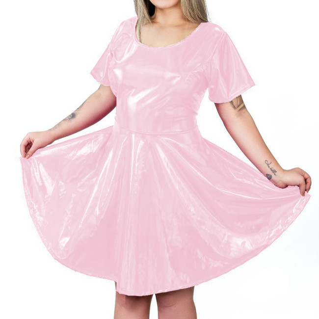 Fashion Holographic Laser Short Pleated Dress Sexy Bow Hollow Out Back A-line Dress Womens High Waist Shiny Metallic Mini Dress