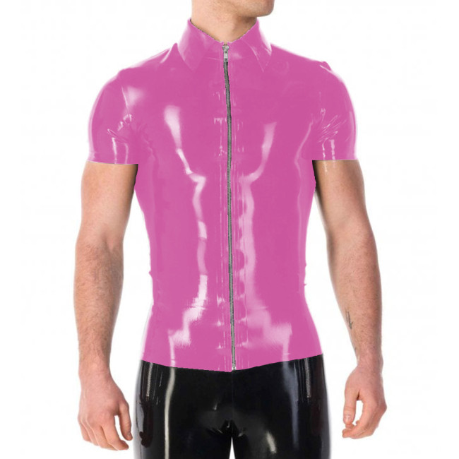 Vinyl PVC Leather Mens Jackets Punk Fashion Solid Color Tshirt Sexy Turn-down Collar Short Sleeves Front Zip Up T-shirt Tops 7XL