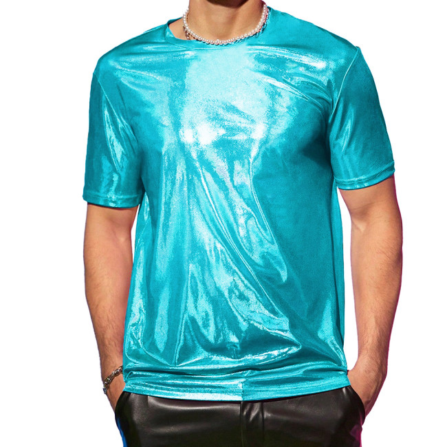 Men Fashion Holographic Laser T-Shirt Punk Clubwear Male Shiny Metallic Short Sleeve Loose Top High Street Party Tee Shirts 7XL