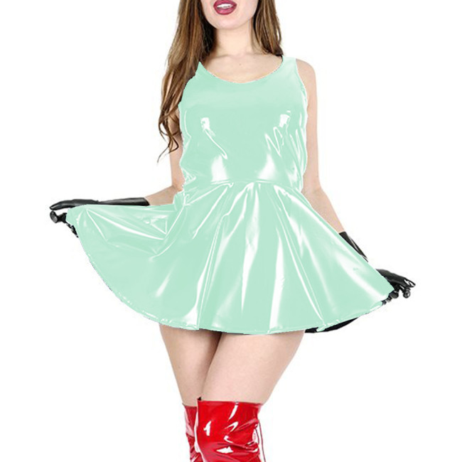 Summer Sundress for Womens Vinyl PVC Leather O-neck A-line Mini Dress Night Party Outfit Glossy Sleeveless Short Dress Clubwear