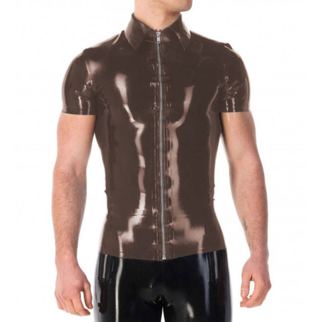 Vinyl PVC Leather Mens Jackets Punk Fashion Solid Color Tshirt Sexy Turn-down Collar Short Sleeves Front Zip Up T-shirt Tops 7XL