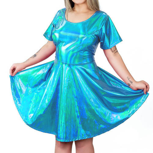 Fashion Holographic Laser Short Pleated Dress Sexy Bow Hollow Out Back A-line Dress Womens High Waist Shiny Metallic Mini Dress