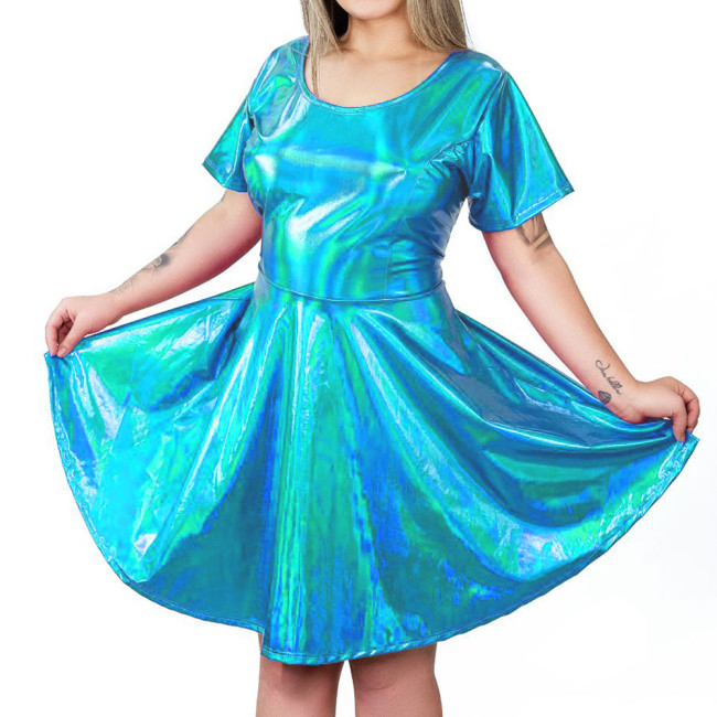 Fashion Holographic Laser Short Pleated Dress Sexy Bow Hollow Out Back A-line Dress Womens High Waist Shiny Metallic Mini Dress