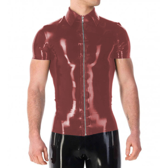 Vinyl PVC Leather Mens Jackets Punk Fashion Solid Color Tshirt Sexy Turn-down Collar Short Sleeves Front Zip Up T-shirt Tops 7XL
