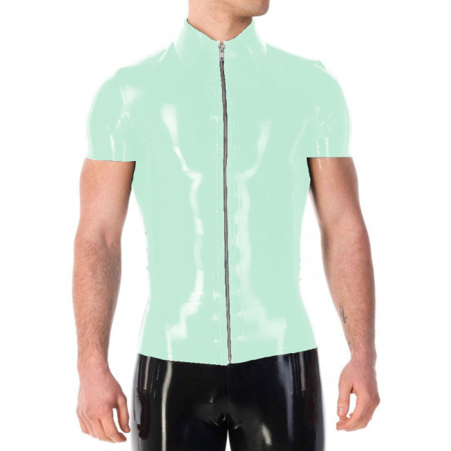Vinyl PVC Leather Mens Jackets Punk Fashion Solid Color Tshirt Sexy Turn-down Collar Short Sleeves Front Zip Up T-shirt Tops 7XL