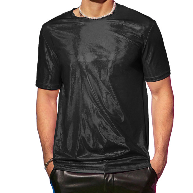 Men Fashion Holographic Laser T-Shirt Punk Clubwear Male Shiny Metallic Short Sleeve Loose Top High Street Party Tee Shirts 7XL