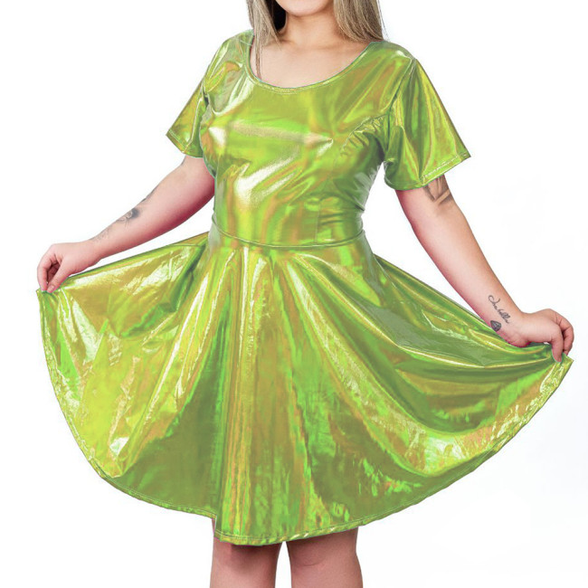 Fashion Holographic Laser Short Pleated Dress Sexy Bow Hollow Out Back A-line Dress Womens High Waist Shiny Metallic Mini Dress