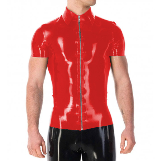 Vinyl PVC Leather Mens Jackets Punk Fashion Solid Color Tshirt Sexy Turn-down Collar Short Sleeves Front Zip Up T-shirt Tops 7XL