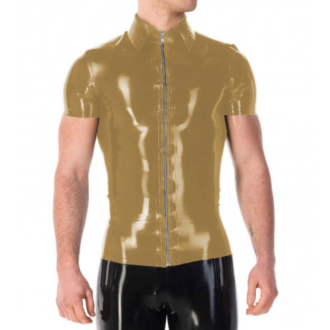 Vinyl PVC Leather Mens Jackets Punk Fashion Solid Color Tshirt Sexy Turn-down Collar Short Sleeves Front Zip Up T-shirt Tops 7XL
