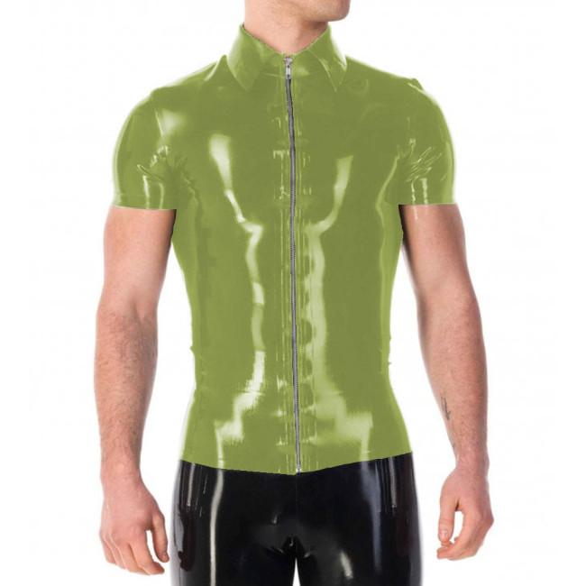 Vinyl PVC Leather Mens Jackets Punk Fashion Solid Color Tshirt Sexy Turn-down Collar Short Sleeves Front Zip Up T-shirt Tops 7XL