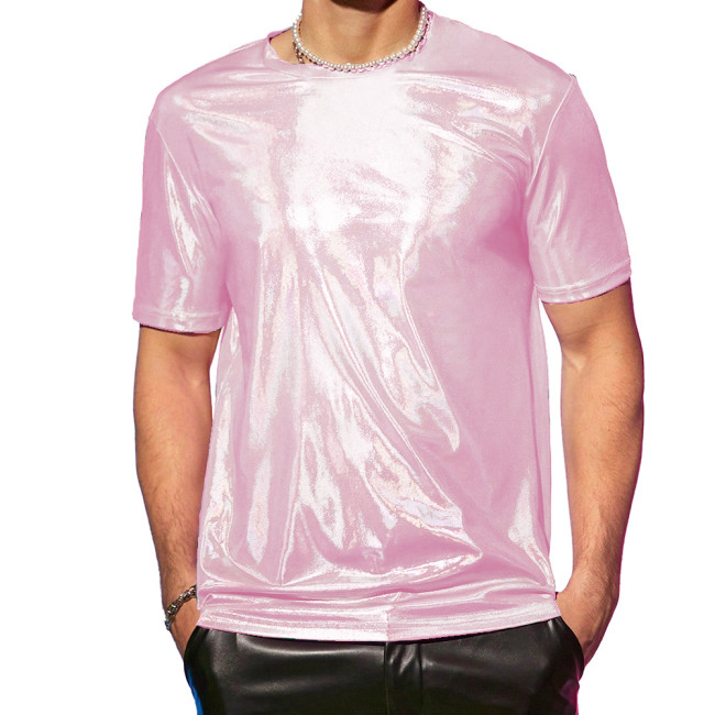 Men Fashion Holographic Laser T-Shirt Punk Clubwear Male Shiny Metallic Short Sleeve Loose Top High Street Party Tee Shirts 7XL