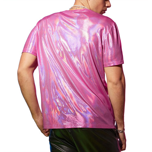 Men Fashion Holographic Laser T-Shirt Punk Clubwear Male Shiny Metallic Short Sleeve Loose Top High Street Party Tee Shirts 7XL