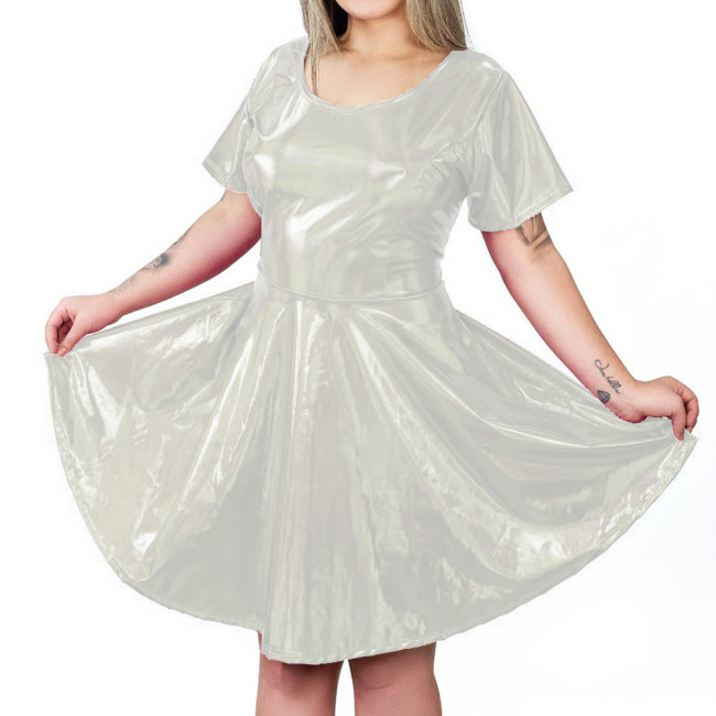 Fashion Holographic Laser Short Pleated Dress Sexy Bow Hollow Out Back A-line Dress Womens High Waist Shiny Metallic Mini Dress