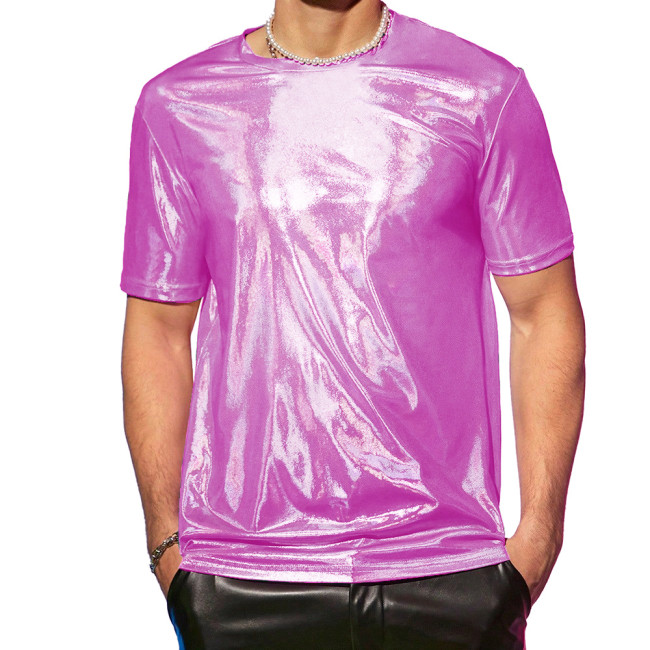 Men Fashion Holographic Laser T-Shirt Punk Clubwear Male Shiny Metallic Short Sleeve Loose Top High Street Party Tee Shirts 7XL