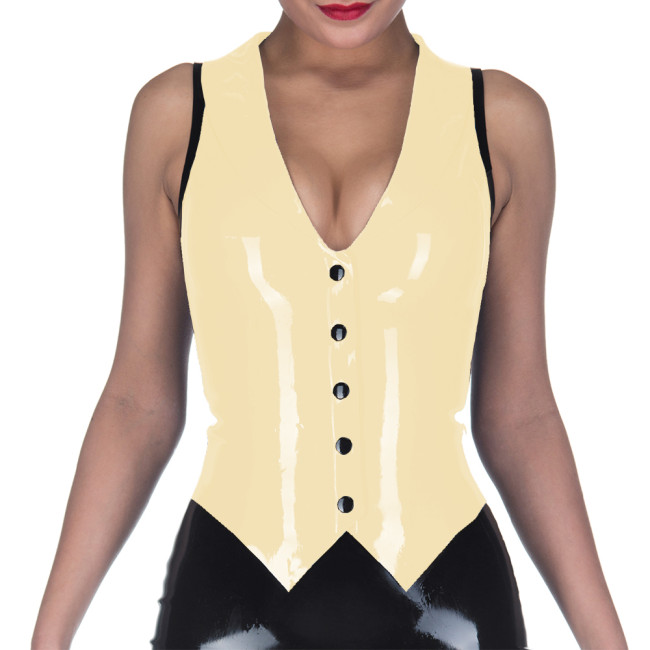 Gothic Women Waistcoat Sexy PVC Faux Leather Black Nightwear V- neck Patchwork Single Breasted Exotic Tanks Dancing Costumes 7XL