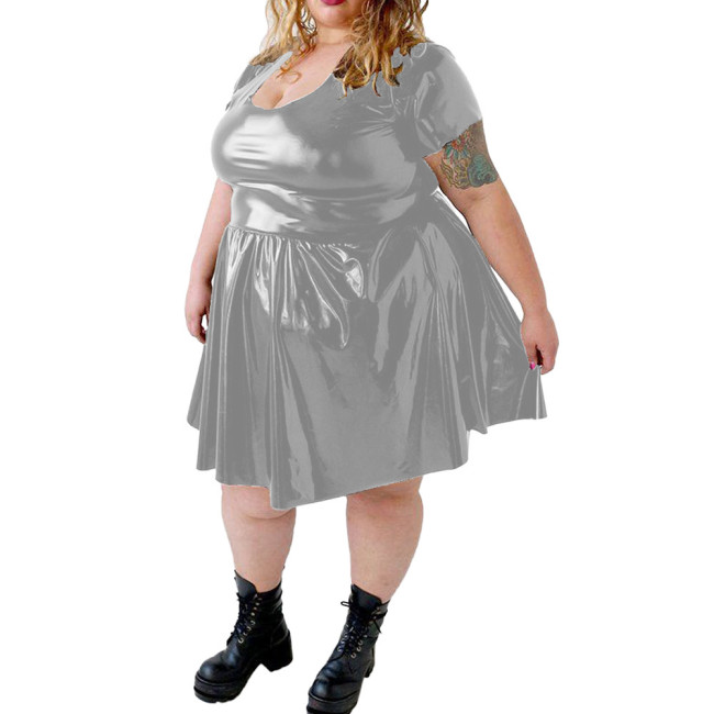 Plus Size PVC Shiny Mini Dress for Womens Sexy U-neck Wetlook Solid Short Sleeve A-line Dress Female Party Swing Pleated Dress