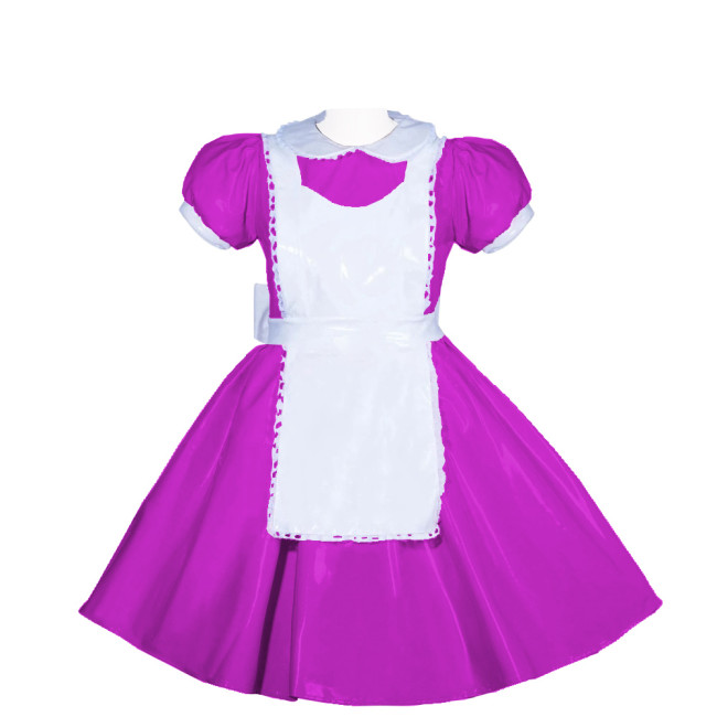 French Peter Pan Collar Lockable Maid Uniforms PVC Shiny Short Puff Sleeve Maid A-line Dress with Apron Sissy Cosplay Outfits