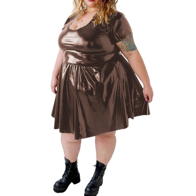 Plus Size PVC Shiny Mini Dress for Womens Sexy U-neck Wetlook Solid Short Sleeve A-line Dress Female Party Swing Pleated Dress