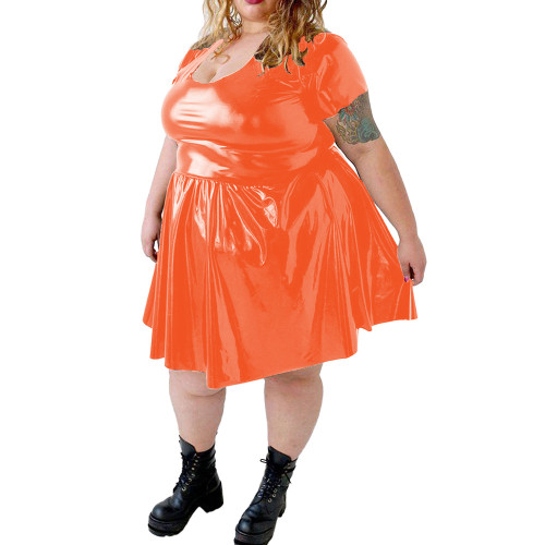 Plus Size PVC Shiny Mini Dress for Womens Sexy U-neck Wetlook Solid Short Sleeve A-line Dress Female Party Swing Pleated Dress